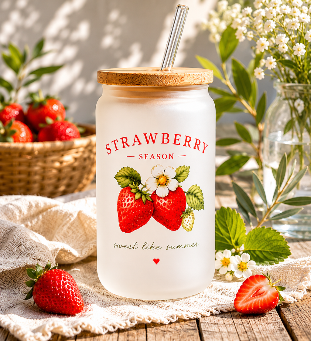 Strawberry Season Trinkglas mit Bambusdeckel & Glasstrohhalm