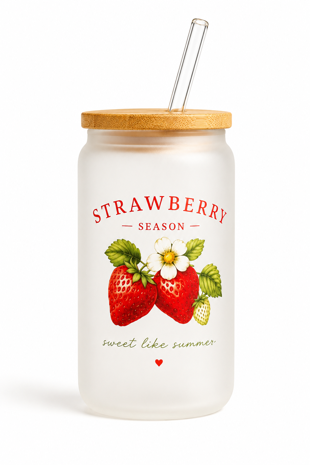 Strawberry Season Trinkglas mit Bambusdeckel & Glasstrohhalm