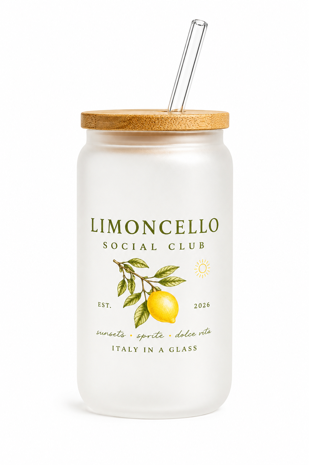 Limoncello Social Club Trinkglas mit Bambusdeckel & Glasstrohhalm