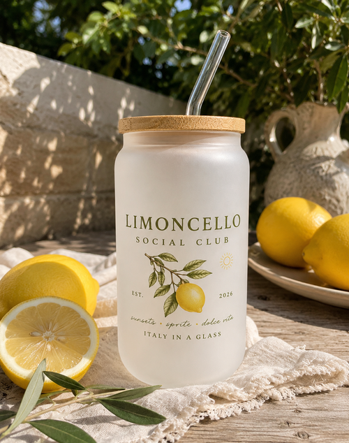 Limoncello Social Club Trinkglas mit Bambusdeckel & Glasstrohhalm