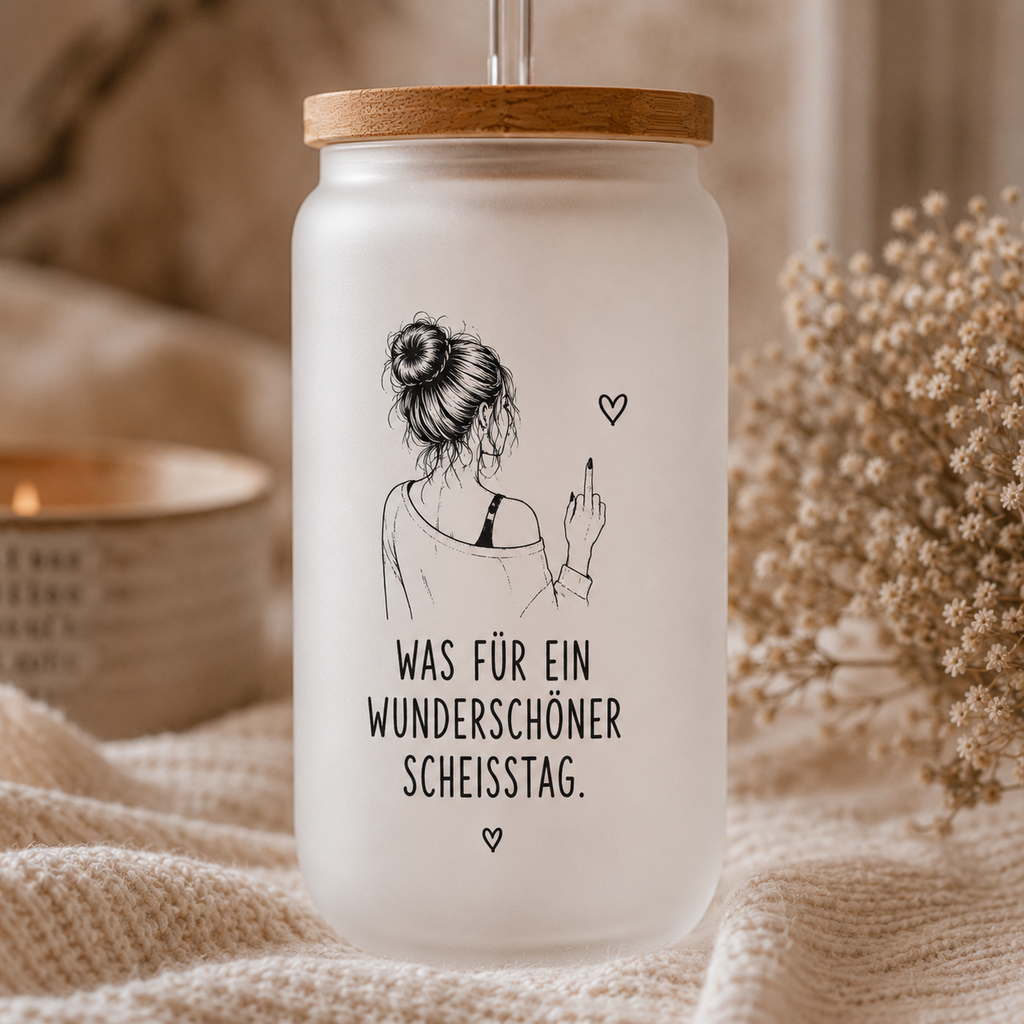 Wunderschöner Scheißtag - Women Edition - Trinkglas mit Bambusdeckel & Glasstrohhalm